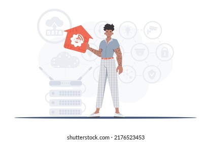 IoT concept. The man is depicted in full growth, holding the icon of the house in his hands. Good for websites and presentations. Vector illustration in trendy flat style.