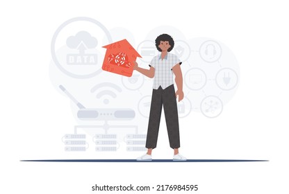 IoT concept. The man is depicted in full growth, holding the icon of the house in his hands. Good for presentations. Vector illustration in flat style.