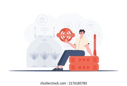 IoT concept. A man is holding an internet thing icon in her hands. Router and server. Good for websites and presentations. Trendy flat style. Vector illustration.