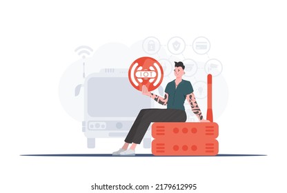 IoT concept. A man is holding an internet thing icon in her hands. Router and server. Good for websites and presentations. Vector illustration in flat style.