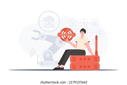 Concepto de IoT. Un hombre sostiene el logo de Internet de las cosas en sus manos. Enrutador y servidor. Es bueno para presentaciones y sitios web. Ilustración vectorial en estilo plano de moda.