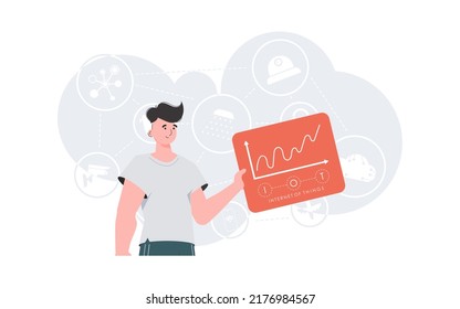 IoT concept. A man holds a panel with analyzers and indicators in his hands. Good for websites and presentations. Vector illustration.