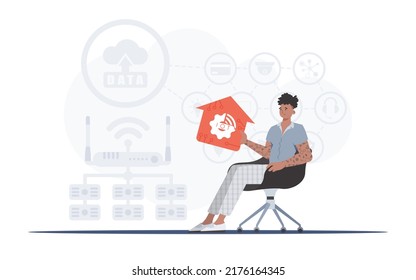 IoT concept. A man sits in an armchair and holds a house icon in his hands. Good for websites and presentations. Vector illustration in flat style.