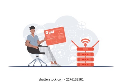 IoT concept. A man sits in a chair and holds a panel with analyzers and indicators in his hands. Good for websites and presentations. Trendy flat style. Vector.