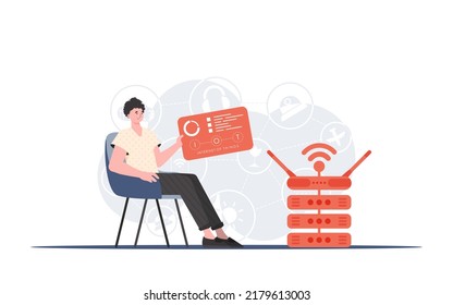 IoT concept. A man sits in a chair and holds a panel with analyzers and indicators in his hands. Good for websites and presentations. Vector illustration in trendy flat style.