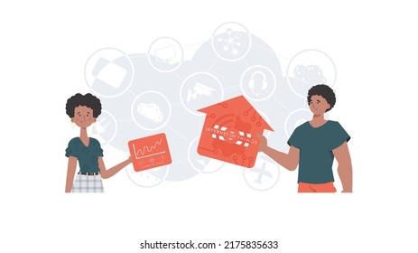 Concepto de IoT. Un hombre y una mujer son un equipo en el campo de Internet de las cosas. Bueno para sitios web y presentaciones. Ilustración vectorial.