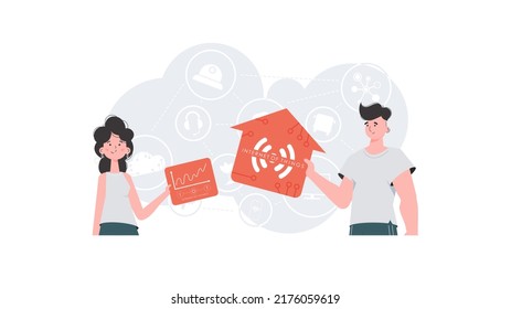 Concepto de IoT. Un hombre y una mujer son un equipo en el campo de Internet de las cosas. Es bueno para presentaciones y sitios web. Ilustración vectorial en estilo plano.