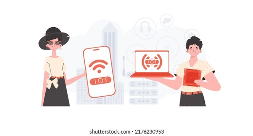 Concepto de IoT. Un hombre y una mujer son un equipo en el campo de Internet de las cosas. Bueno para sitios web y presentaciones. Ilustración vectorial.