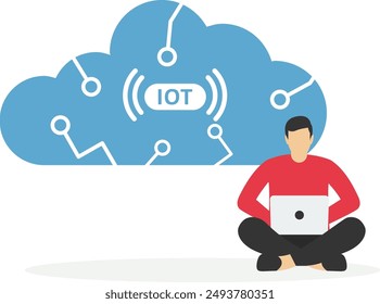 Concepto de IoT. Programador sentado en el icono de Internet. Internet de las cosas y concepto de automatización. Bueno para Sitios web y presentaciones.

