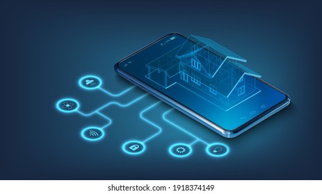 IOT Concept. Smart Home Connection And Control With Smartphone Through Home Network. Isometric House Standing On Screen Mobile Phone And Wireless Connections With Icons Electronics Devices