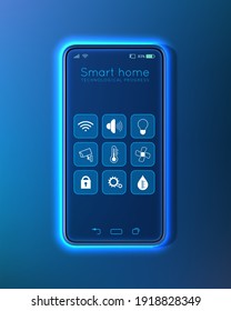 IOT concept. Smart home connection and control with smartphone through home network. Energy management system. wireless connections with icons electronics devices
