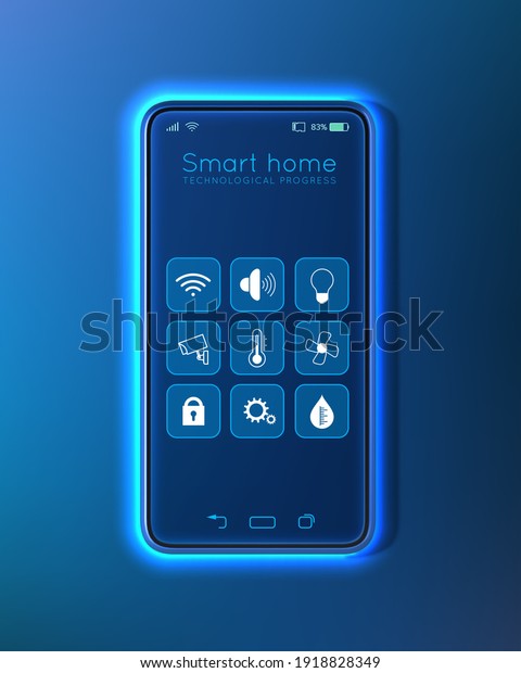 IOT concept. Smart home\
connection and control with smartphone through home network. Energy\
management system. wireless connections with icons electronics\
devices