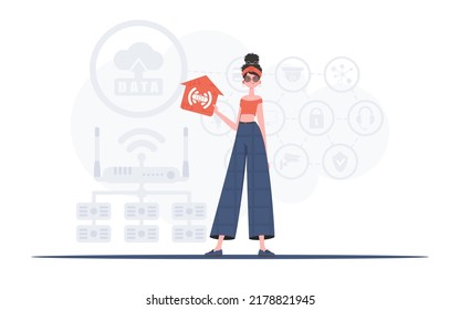 IoT concept. The woman is depicted in full growth, holding an icon of a house in her hands. Good for presentations. Vector illustration in flat style.