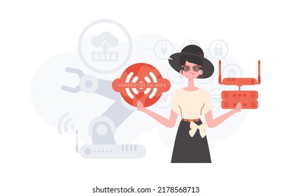 IoT concept. A woman holds the internet of things logo in her hands. Router and server. Good for presentations and websites. Vector illustration in flat style.