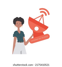 IoT concept. A woman holds a satellite dish in her hands. Isolated on white background. Vector illustration in trendy flat style.