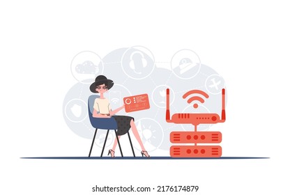 IoT concept. A woman sits in a chair and holds a panel with analyzers and indicators in her hands. Good for websites and presentations. Vector illustration in trendy flat style.