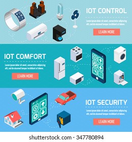 Iot control comfort and security interactive internet page 3 horizontal isometric banners set  design abstract vector illustration