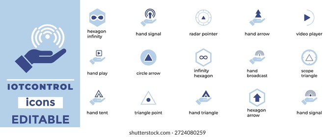IoT Control und Smart Automation Icon Set. Handhaltesignal, digitale Schnittstelle, Fernverbindung und Technologie, Vektorsymbole