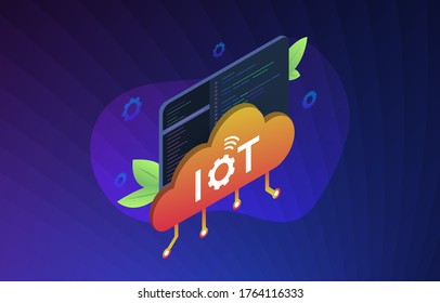 IOT development isometric concept illustration with cloud storage, program code window in the background. Software development for Internet of Things, big data graphic sign, machine learning