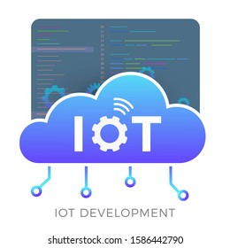 IOT development vector icon concept with smart cloud, gears and a window with program code in the background. Software development for Internet of Things, machine learning or big data graphic sign.