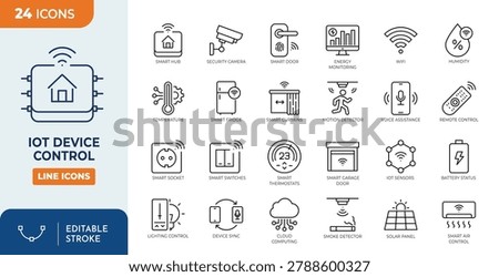 IOT Device control icon set. Contain icons related to IOT Device Control, Home Automation, Sensor, Wireless, and more. Editable stroke. Vector illustration