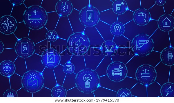 Iot digital chain. Wireless technology,\
connected device and smart house network. Internet of things\
industry futuristic vector background. Connected network iot\
digital, wireless control\
illustration