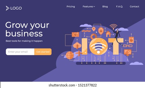 IOT flat tiny persons vector illustration landing page template design. Internet of things smart home appliances signal system for distance online control. Electronic appliances network communication.