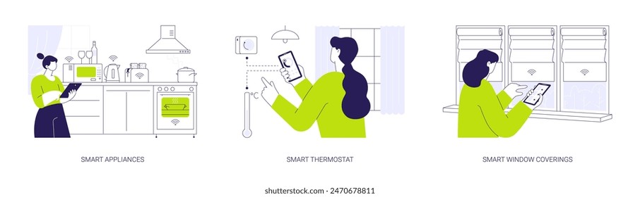 IoT home technology abstract concept vector illustration set. Smart household kitchen appliances, thermostat with temperature sensors, smart window coverings, automated blinders abstract metaphor.