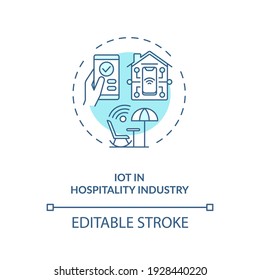 IoT In Hospitality Industry Concept Icon. Tourism Service Idea Thin Line Illustration. Business Travel Condition During Covid 19 Pandemic. Vector Isolated Outline RGB Color Drawing. Editable Stroke