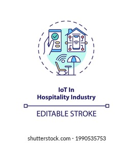 IoT In Hospitality Industry Concept Icon. New Normal Idea Thin Line Illustration. Business Travel Condition During Covid 19 Pandemic. Vector Isolated Outline RGB Color Drawing. Editable Stroke