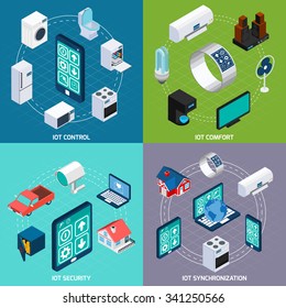 Iot household devices synchronization for comfort and security 4 isometric icons square composition banner abstract vector illustration.  Editable EPS and Render in JPG format