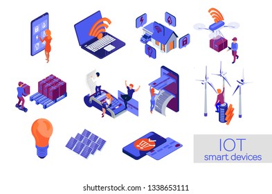 IOT icon isometric on a white background. Laptop, smartphone, smart home, drone, eco energy