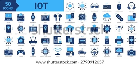 IoT icon set. Containing internet of things, internet, AI, machine learning, cloud computing, cybersecurity, encryption, digital transformation, sensor, smart lock and more. Solid vector icons
