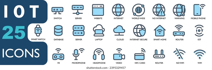 
IOT icon set contains router, internet, website, globe, cellphone, database, server, cloud, server, IOT, wifi, camera, NFC.lineal color icons collection. for apk, web and other designs.