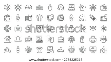 IoT icon set. Internet of things, internet, artificial intelligence, machine learning, cloud computing, cybersecurity, encryption, digital transformation and more. Outline vector icons collection