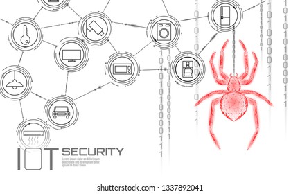 IOT icons cyber security concept. Internet of Things smart home spider virus cyber attack. Locked information data flow vector illustration