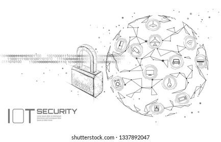 IOT icons padlock cyber security concept. Internet of Things smart home cyber attack. Locked information data flow vector illustration