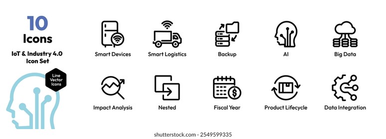 IoT e Industry 4.0 Icon Set - Dispositivos inteligentes, Big Data, IA e soluções de logística