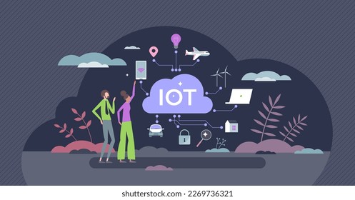 IOT o Internet de cosas como dispositivos inteligentes automatizados concepto de persona pequeña. Red tecnológica con conexión inalámbrica para electrodomésticos y sistemas de monitorado doméstico ilustrando vectores. Datos en la nube.