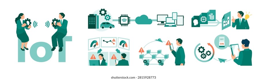IoT internet of things business illustration set with connected smart devices remote monitoring predictive maintenance dashboard and cloud network system for digital transformation