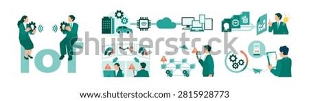 IoT internet of things business illustration set with connected smart devices remote monitoring predictive maintenance dashboard and cloud network system for digital transformation
