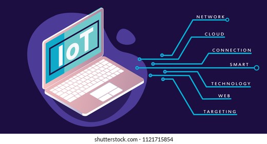 IoT Internet of things concept banner in neon and purple colors. Vector illustration