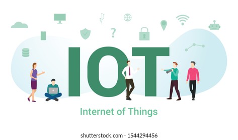 iot internet of things concept with big word or text and team people with modern flat style - vector
