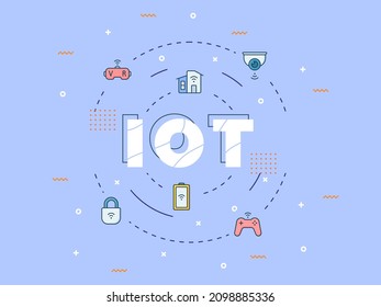 iot internet of things concept with big text on center and icon spread around with modern flat style