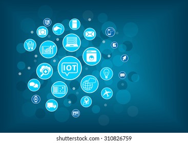 IOT internet of things concept. Blurred background with icons of connected objects and devices.