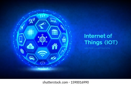 IOT. Internet of things concept. Everything connectivity device concept network, and business with internet. Abstract 3D sphere or globe with surface of hexagons with icons. Vector illustration.