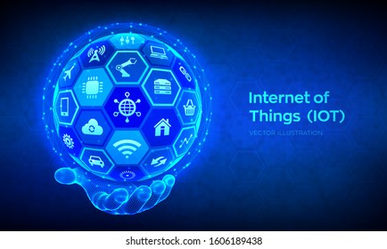 IOT. Internet of things concept. Everything connectivity device concept network, and business with internet. Abstract 3D sphere or globe with surface of hexagons in wireframe hand. Vector illustration