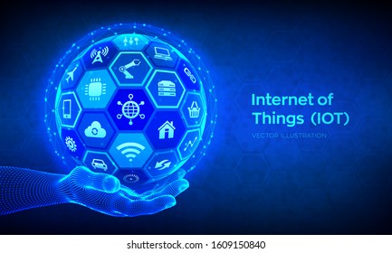 IOT. Internet of things concept. Everything connectivity device concept network, and business with internet. Abstract 3D sphere or globe with surface of hexagons in wireframe hand. Vector illustration