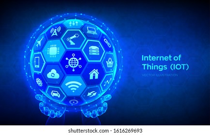 IOT. Internet of things concept. Everything connectivity device concept network and business with internet. Abstract 3D sphere or globe with surface of hexagons in wireframe hands. Vector illustration