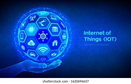 IOT. Internet of things concept. Everything connectivity device concept network, and business with internet. Abstract 3D sphere or globe with surface of hexagons in wireframe hand. Vector illustration